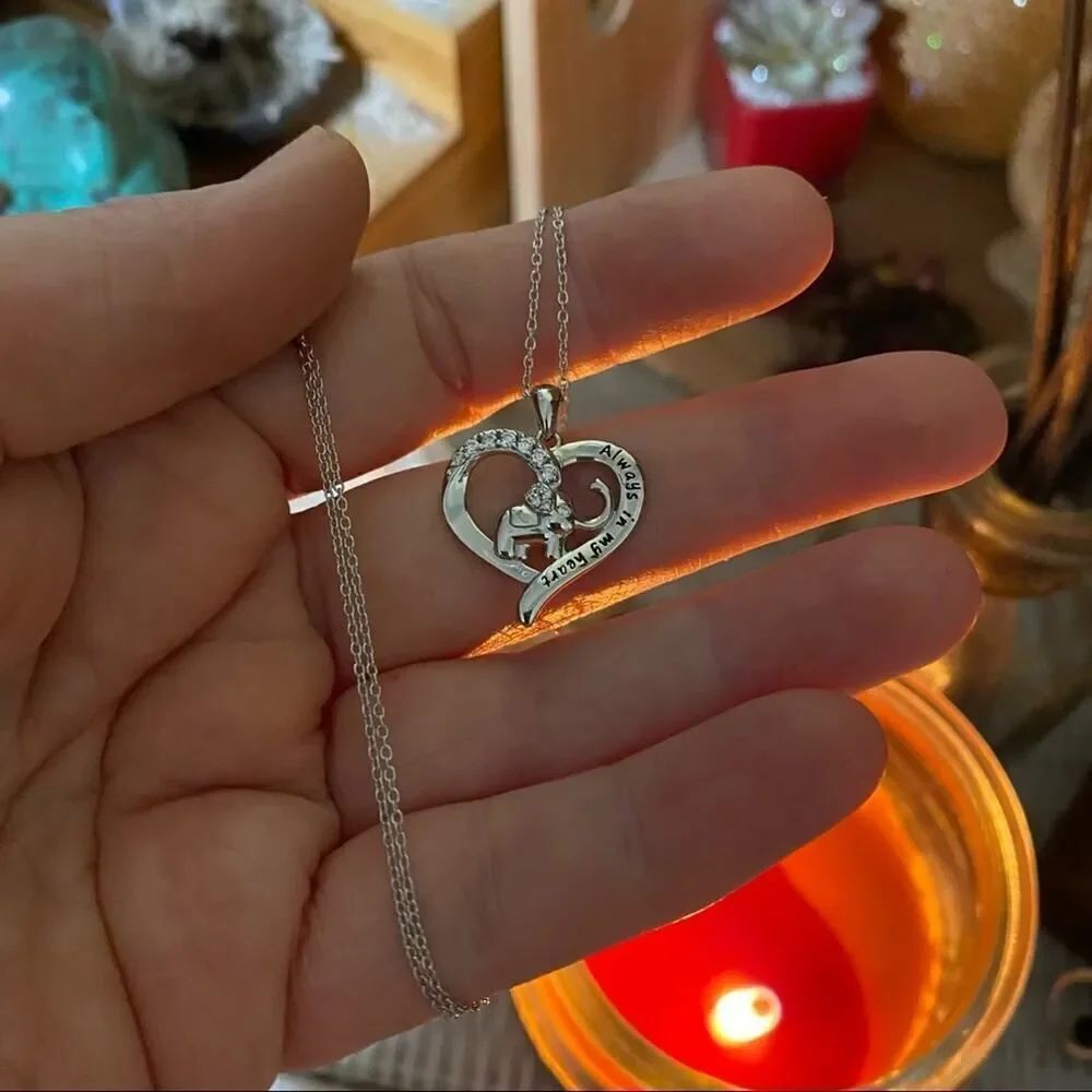 Elephant Always In My Heart Sterling Silver CZ Heart Necklace